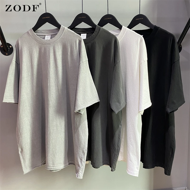 

ZODF New Summer Men's Washed Cotton T-Shirts Male 250gsm Oversized Loose High Street Edge Solid T Shirt Brand Tees HY0030