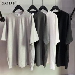 ZODF New Summer Men's Washed Cotton T-Shirts Male 250gsm Oversized Loose High Street Edge Solid T Shirt Brand Tees HY0030