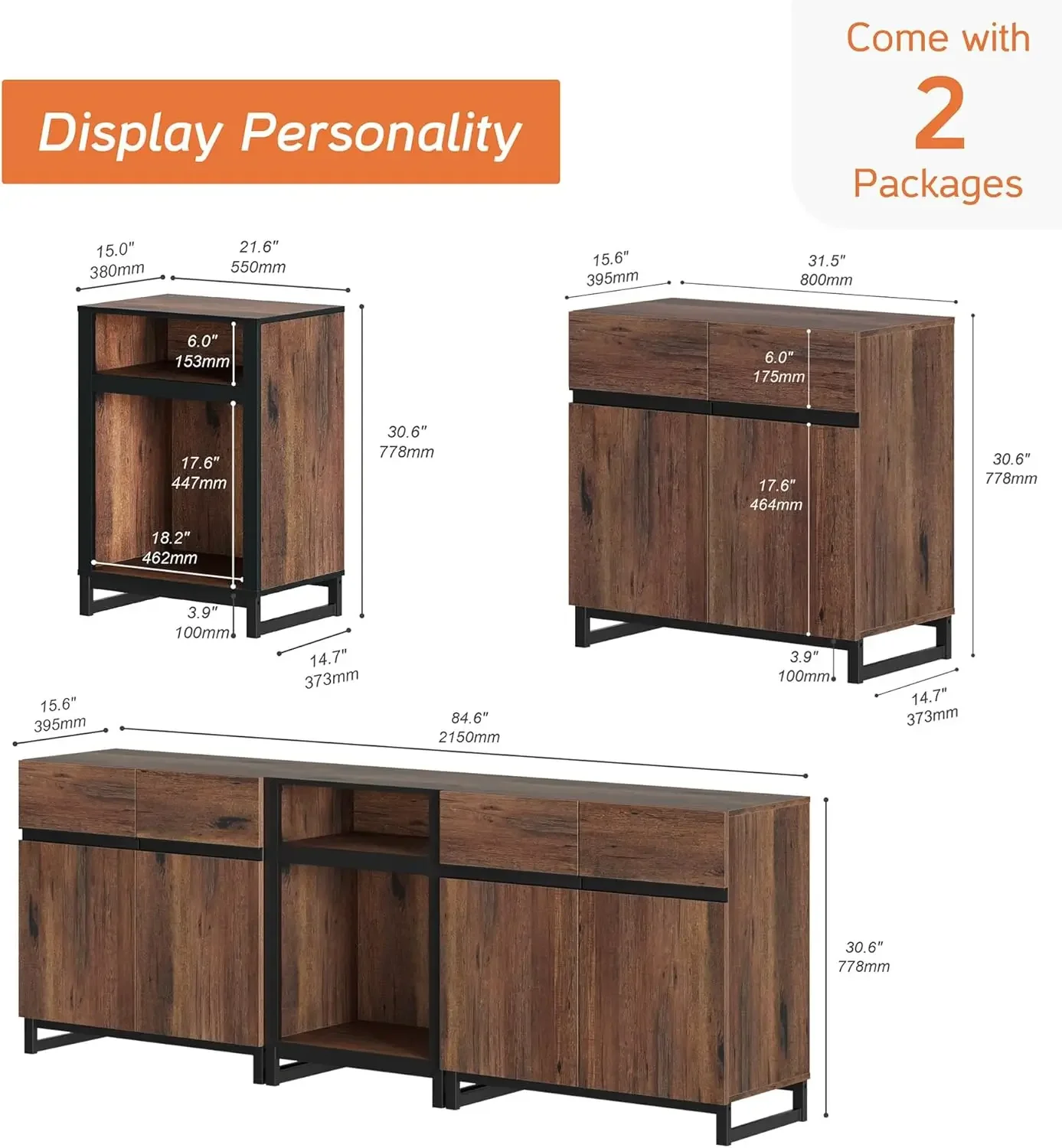 TV Stand for TVs up to 90 inch, 3 in 1 Modern Entertainment Center with Metal Base & 2 Adjustable Shelves, TV Console