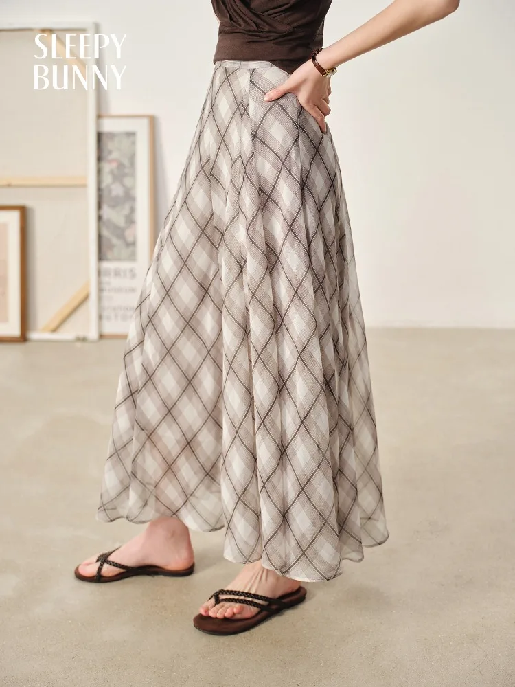 

Retro Plaid Chiffon Skirt Women Summer Lightweight High Waist A-Line Flowing Midi Skirt Vintage Fit Casual Mesh Skirt Daily Wear
