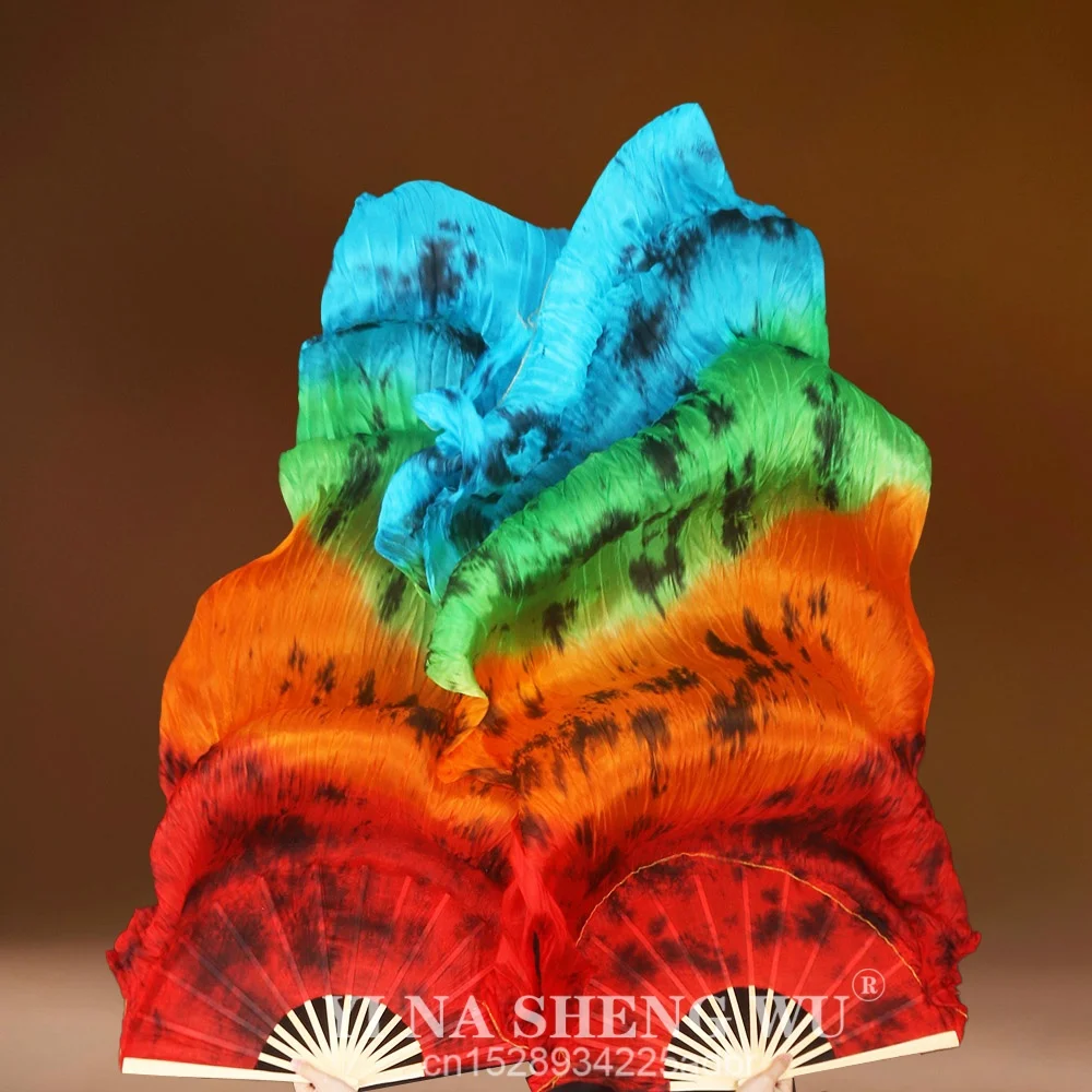 Nieuwe Aangepaste Tie-dye 100% Echte Zijden Sluier Buikdans Fan Paren (1L + 1R) Vrouwen Oosterse Dansshow Props 180 cm Streep Kleur