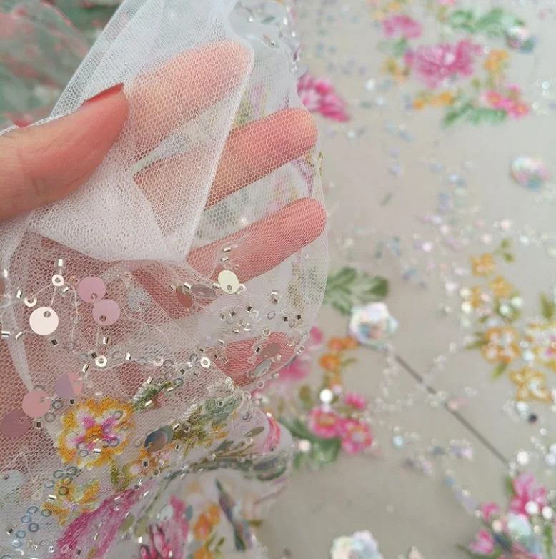 1M 120Cm Wide Luxury Beaded Lace Fabric 3D Embroidery Sequins Spray Painted Soft Tulle Mesh Textile for Dress Making F107 view 5
