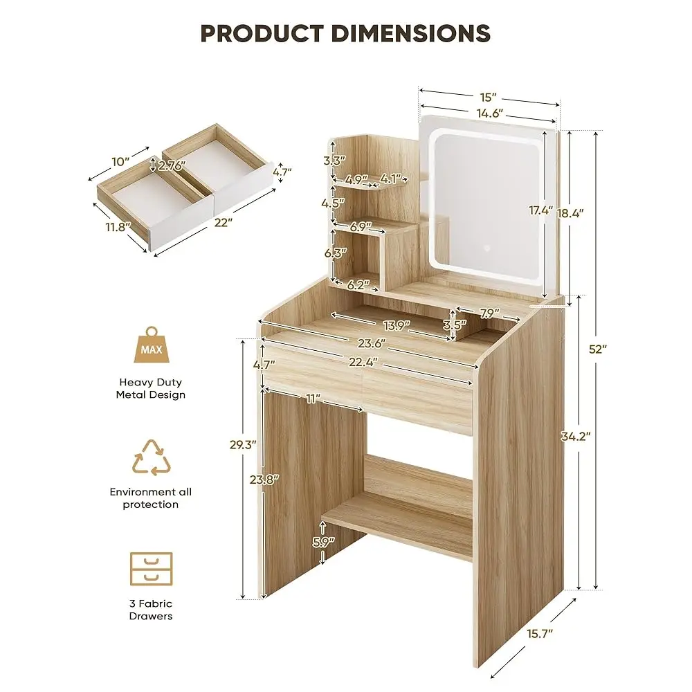 Vanity Desk con specchio quadrato e luce, marrone