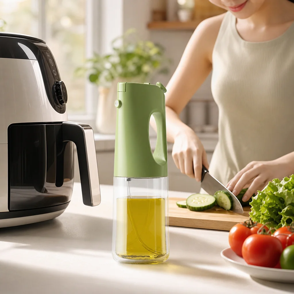 Dispensador de aceite para freidora de aire, pulverizador de niebla fina, botella de vidrio a prueba de fugas, spray de cocina para hornear, ensaladas, asar, utensilios de cocina