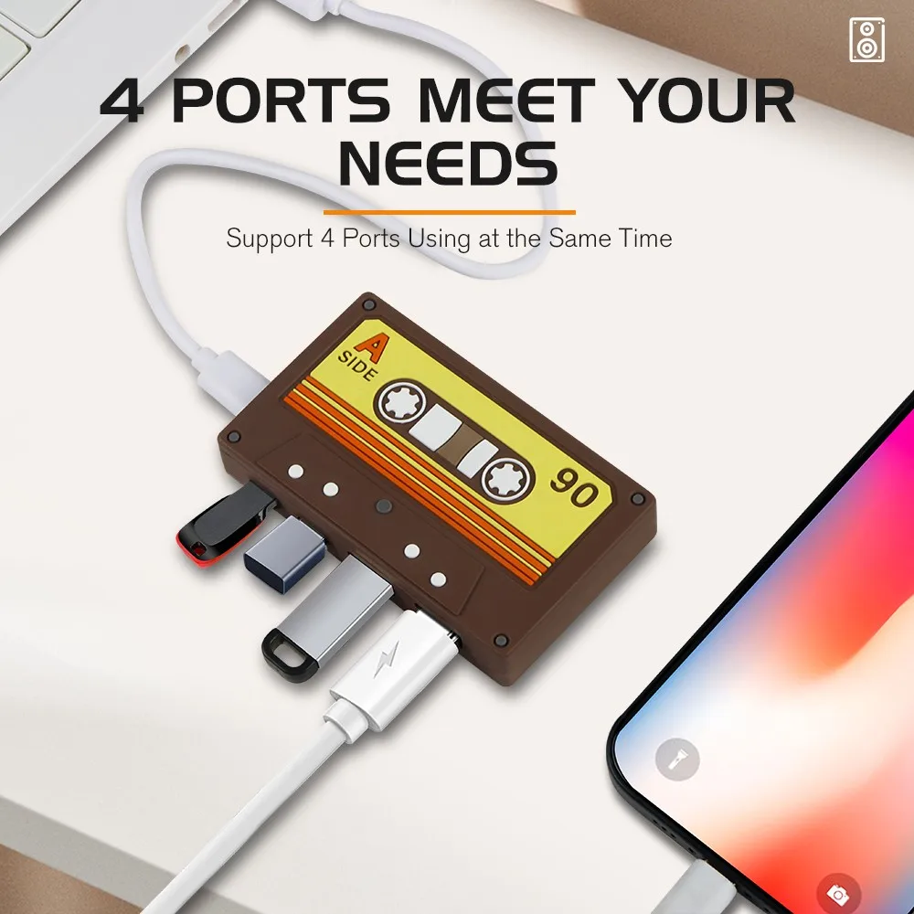 Portable Retro Tape USB 2.0 Hub, 4 Ports USB-A & USB-C, Data Transfer, Desktop Ornament, Type-C Input for Laptop/PC