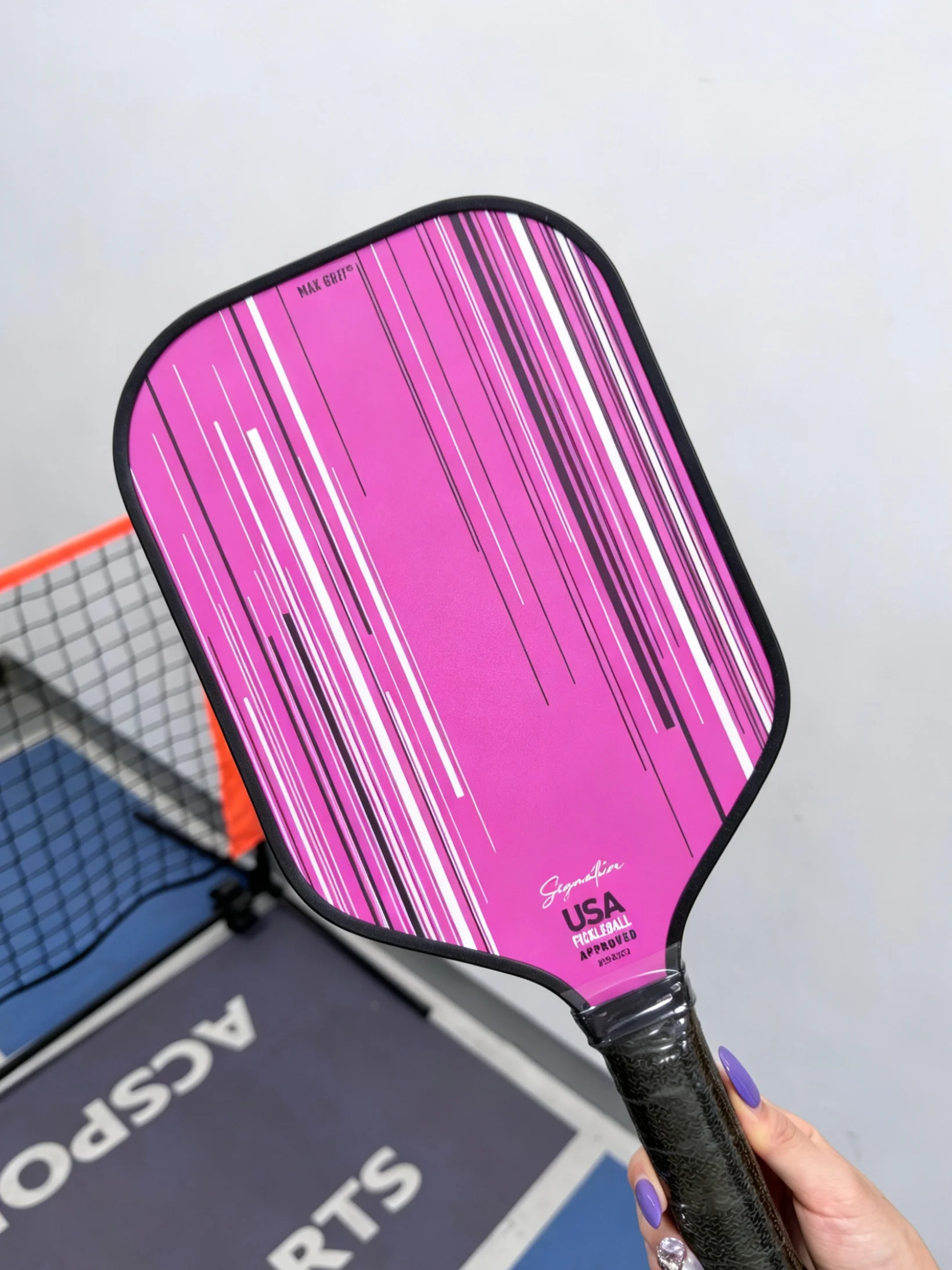 Signature Series Pink Vertical Stripe Pickleball Paddle, Max Grit Textured Fiberglass Surface, USA Pickleball Approved Outdoor T