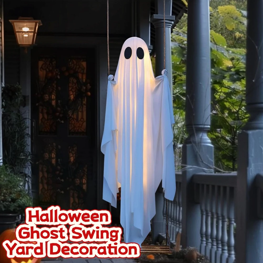 Halloween Swing Ghost Decor Remote Control Light‑Up Hanging Ghost on Maple Leaf Swing Spooky Outdoor Yard Porch Halloween Party