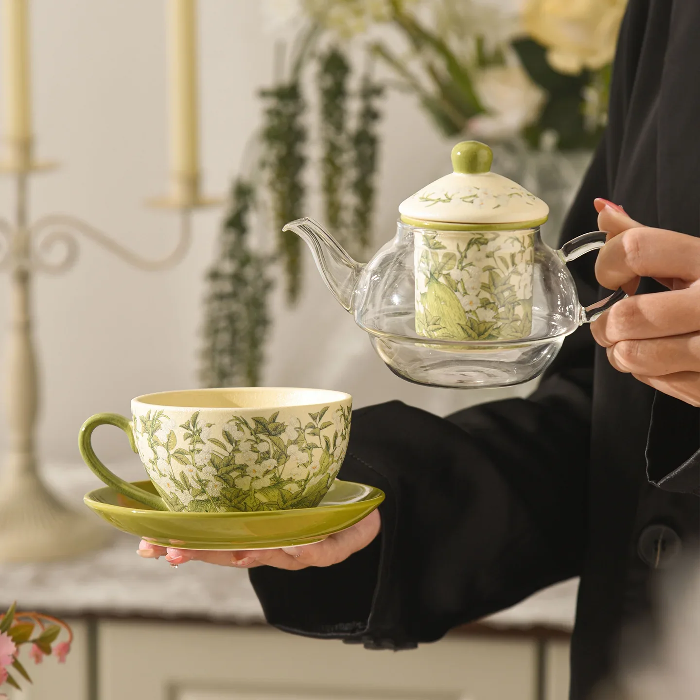 Lily of the Valley Nesting Teapot Set,English Ceramic Tea Set with Glass Teapot, Afternoon Tea Gift,Luxury Porcelain Tea Service