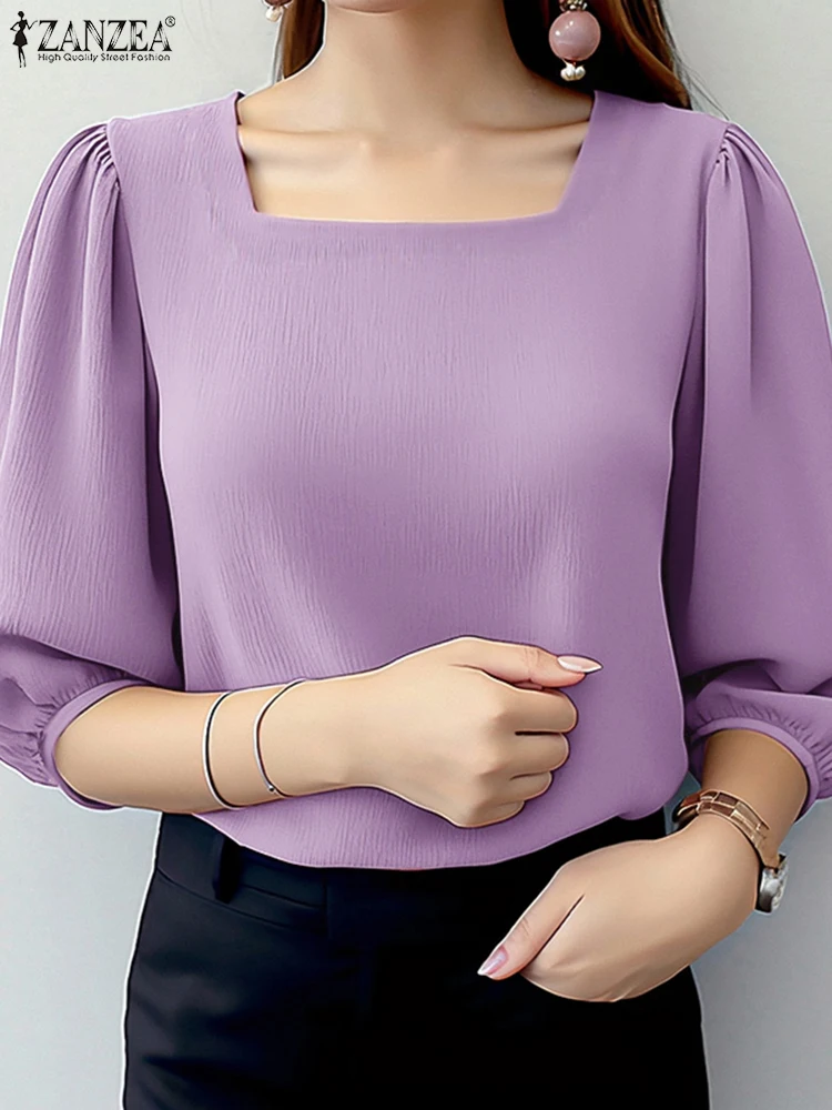

ZANZEA Fashion Square Neck Smock Tops Elegant Womens Commute Solid Office Lady Blusas Mujer 3/4 Puff Sleeve Textured Blouses