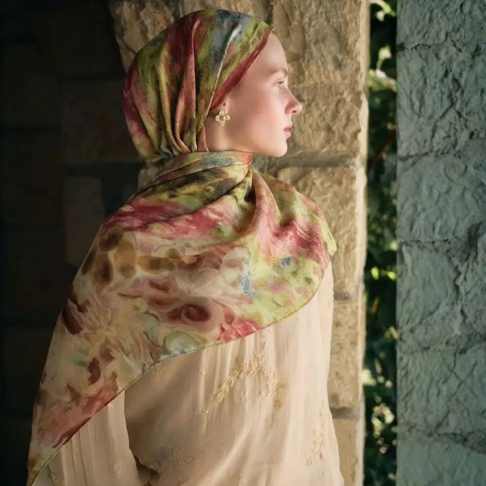 

Fashion Watercolor Printed Satin Hijab Ramadan Scarf For Woman Muslim Digital Printing Shawls Turban Headscarf Scarves 180*70cm