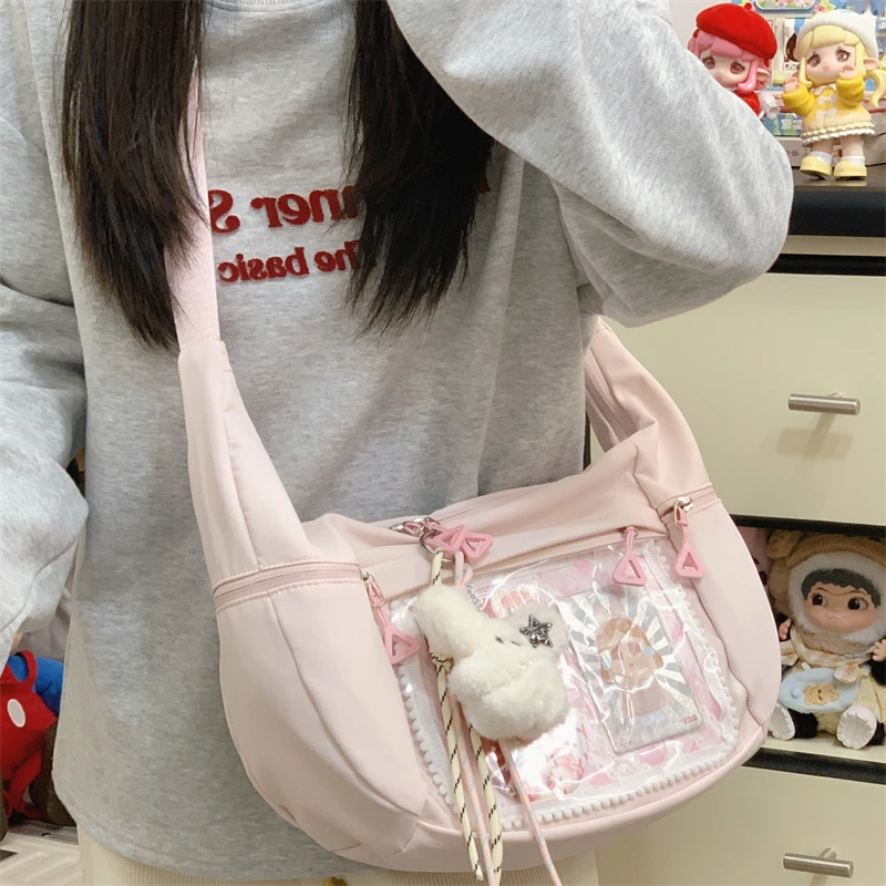 Cute Pastel Pink Crossbody Bag Transparent Pocket Anime Merch Display Bag with Plush Charm Casual Daily Shoulder Bag for Women