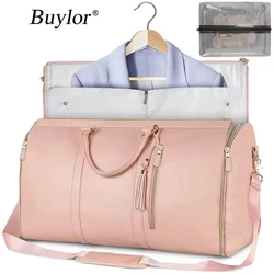 Buylor bolsa de armazenamento dobrável de viagem pu, bolsa de viagem de grande capacidade, bolsa feminina à prova d'água, bolsa de ginástica, fitness ao ar livre