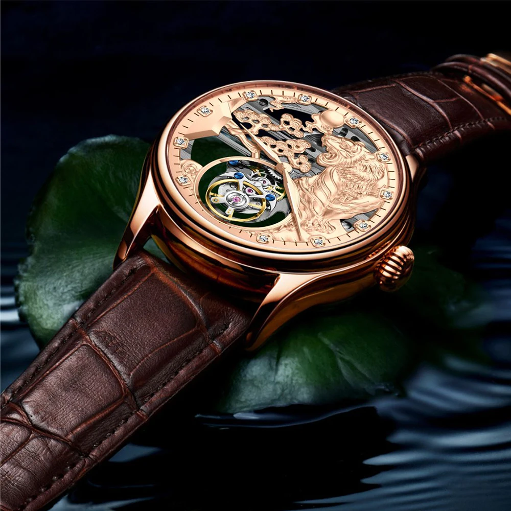 

Мужские механические наручные часы AESOP Zodiac Tiger с турбийоном и скелетоном, наручные часы с кожаным ремешком и сапфировым стеклом