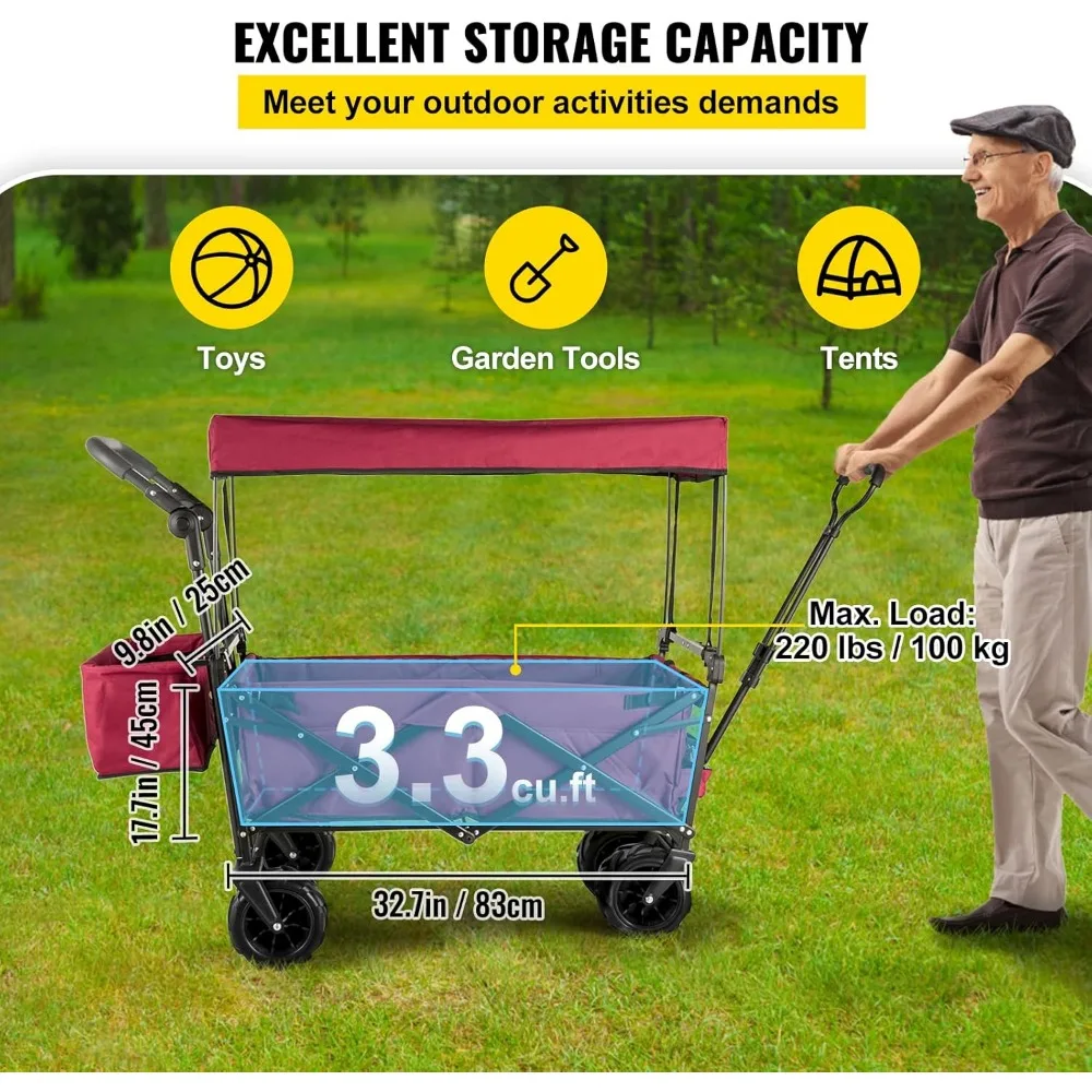 Vagão de praia dobrável e resistente com dossel removível, capacidade de 220 libras, dobrável para rodas grandes para uso ao ar livre