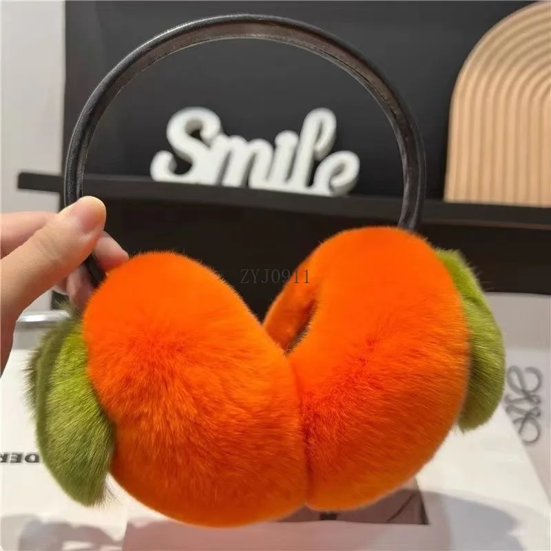 2024 Real Fur Ear-cap Winter Women Warm Natural Rex Rabbit Fur Earmuff Lady Fashion Fluffy Pompoms Genuine Rex Rabbit Fur Earla