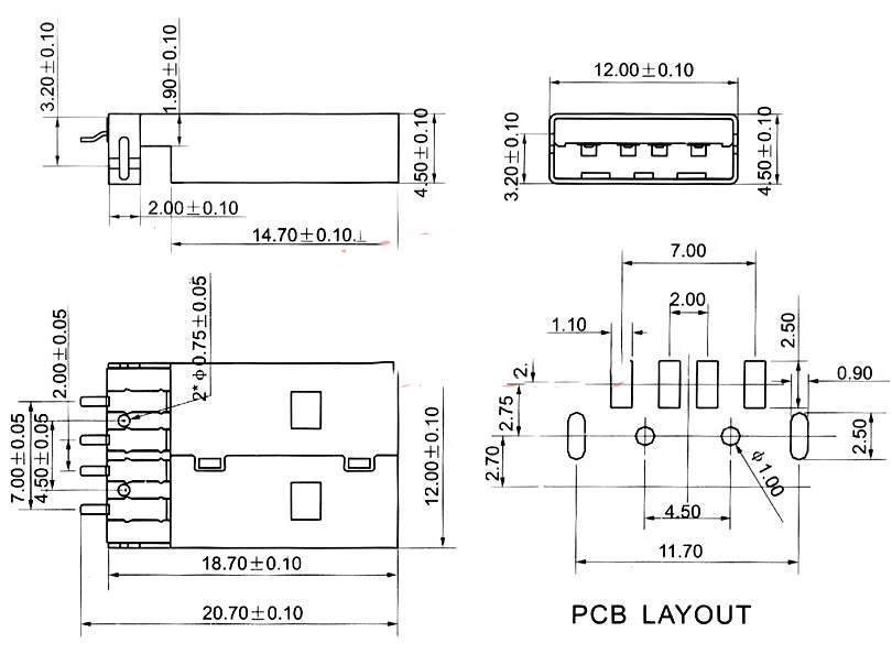 USB 2.0 macho um tipo conector PCB Plug, 180 graus SMT AM, 4Pin, 10pcs por lote