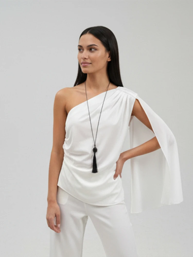 Women's White One-shoulder Cape Sleeve Ruched Blouse Elegant Draped Fashion Top 2026 New Lady Party Evening Street Summer Shirt