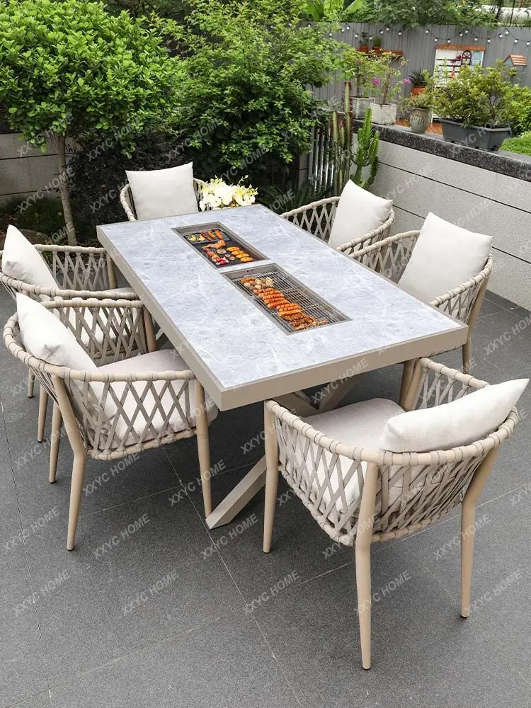 Outdoor barbecue tables and chairs  household barbecue grill courtyard villa aluminum alloy table combination