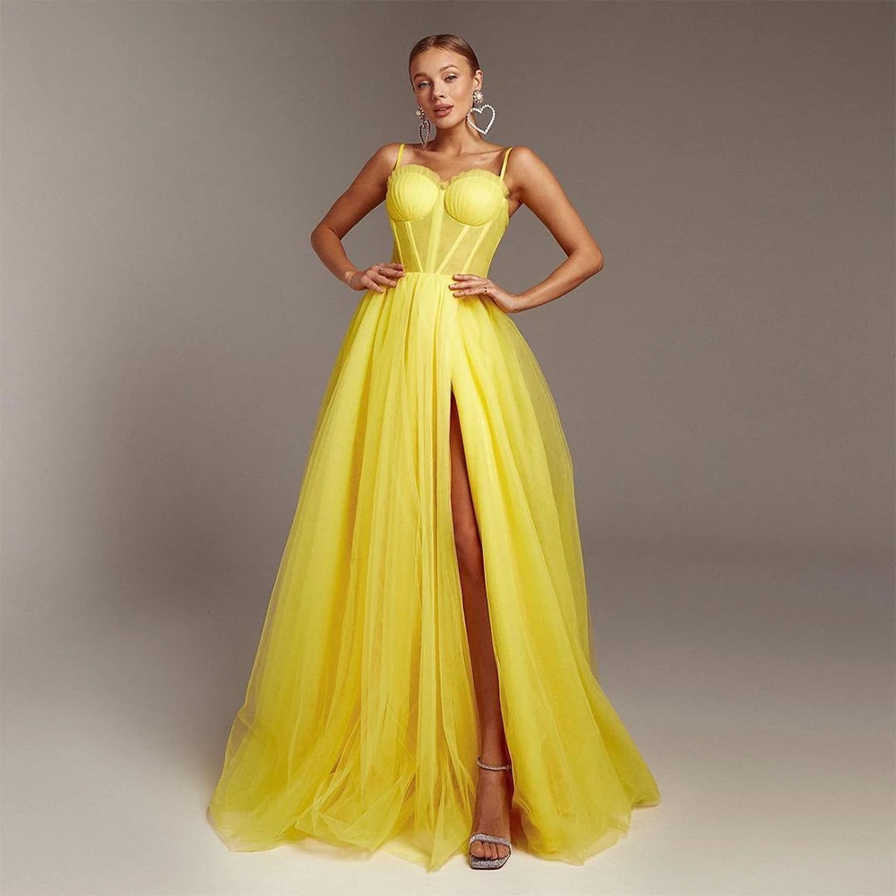 

Gold A-Line Prom Party Dress 2023 Sweetheart Spaghetti Strap High Split Evening Formal Gowns Celebrity Style Robe De Soiree