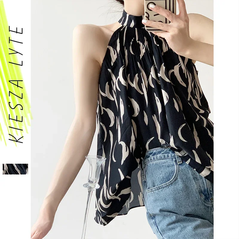 Women Halter Tops Summer Printed Sleeveless Blouse Tunic Tops 2024 New Ladies Pullover Shirts