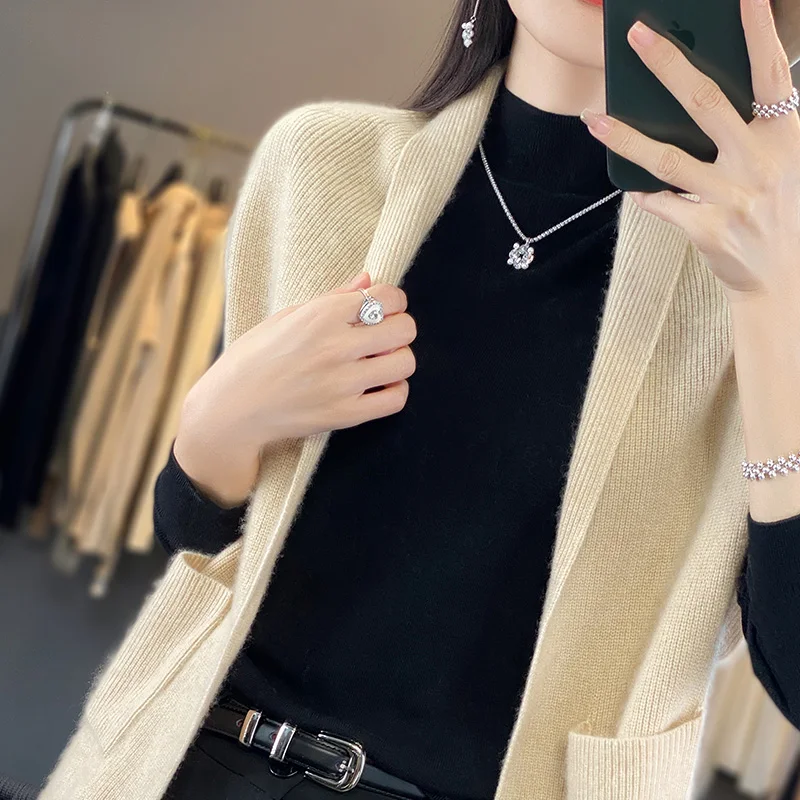 

Spring Autumn Women Cardigan Open Stitch 100% Merino Wool Long Sleeve Sweater Casual Loose Knitwear Korean Solid Color Tops