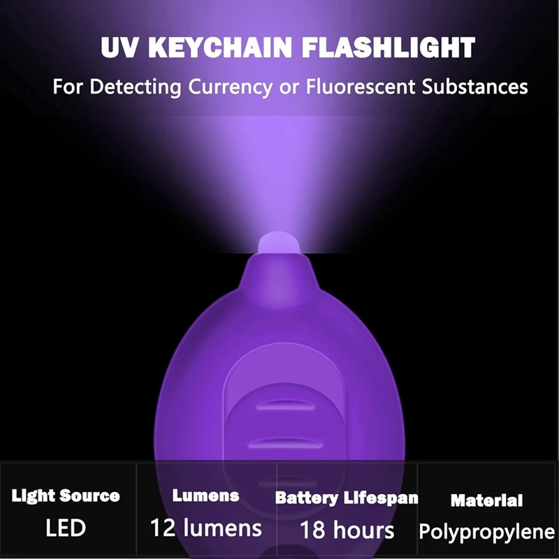 Mini linterna UV con llavero, luz negra portátil, linterna de 12 lúmenes, linterna con llavero pequeño, batería incluida, 48 Uds.