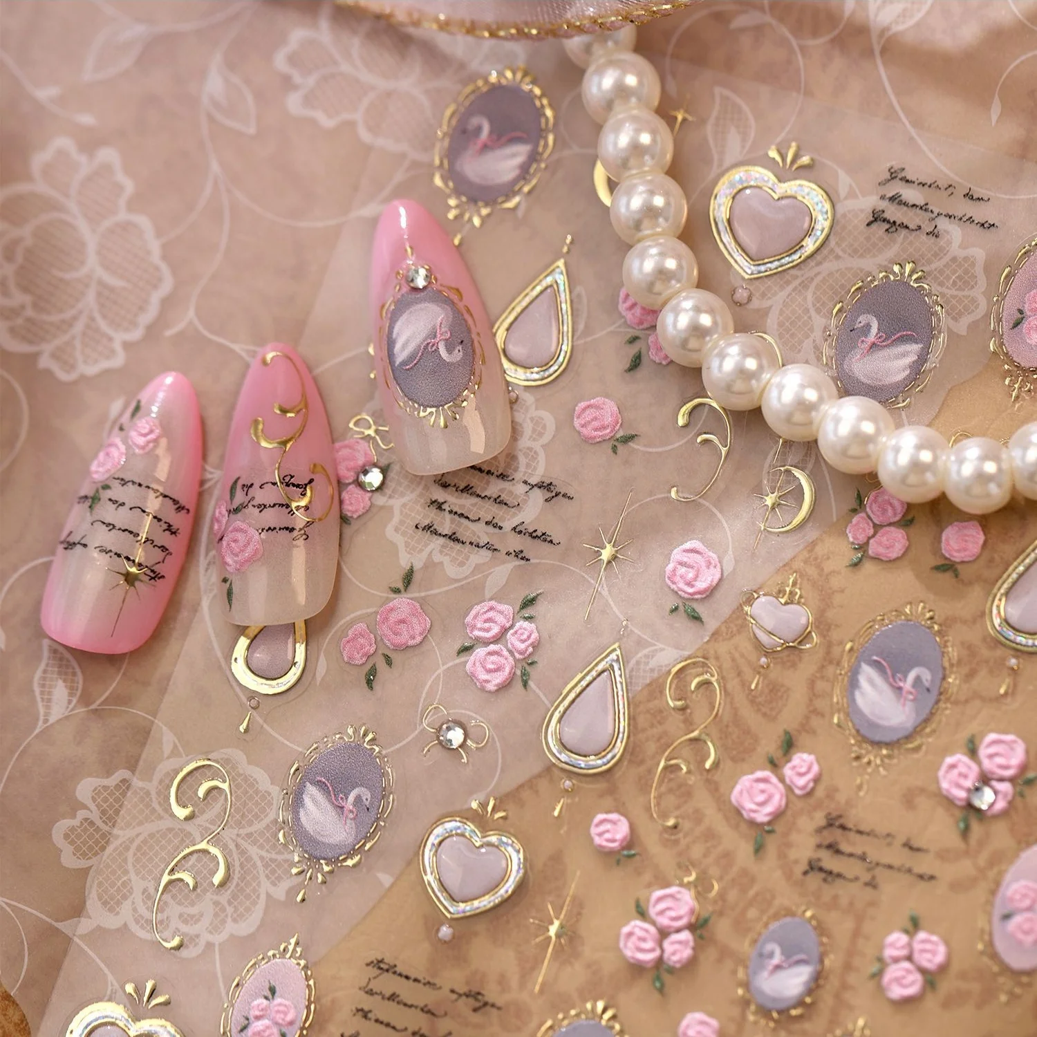 5D Luxus Palast Nagelkunst-Aufkleber Vintage Schwan-Rahmen Rosa Rose Wassertropfen Edelstein Mond Stern Goldfolie Selbstklebende Nagelsticker