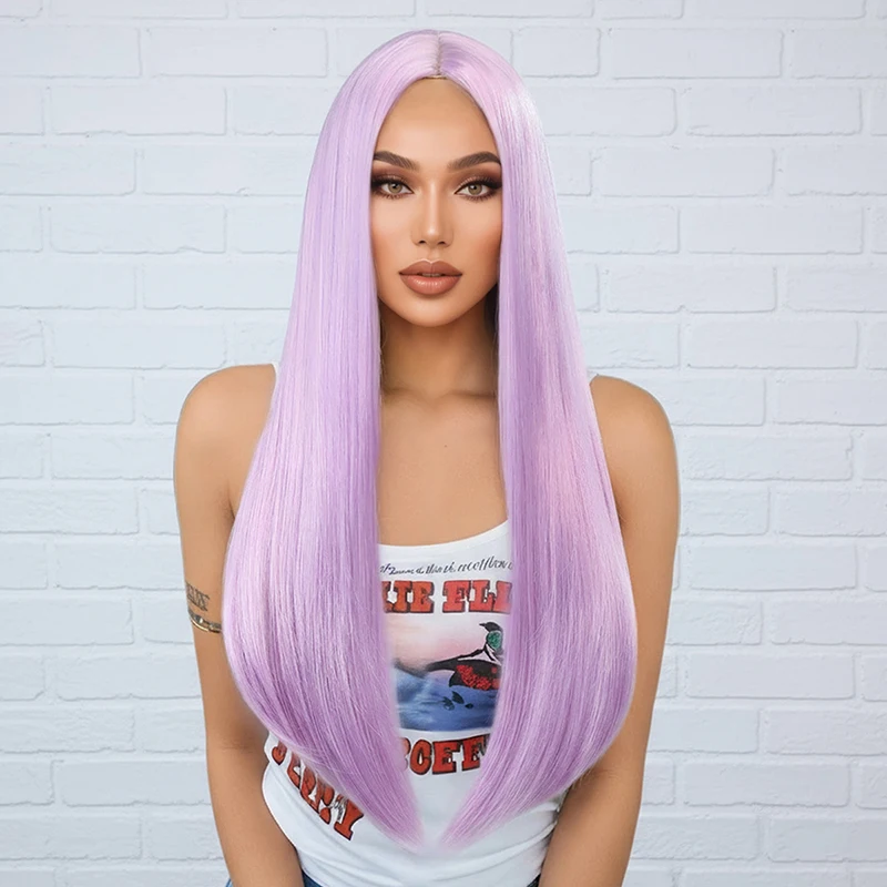 วิกผมผู้หญิงสไตล์ยุโรปและอเมริกา วิกผมไหมทนความร้อนสูง ผมยาวตรงสีม่วงอ่อน วิกผมใยสังเคราะห์