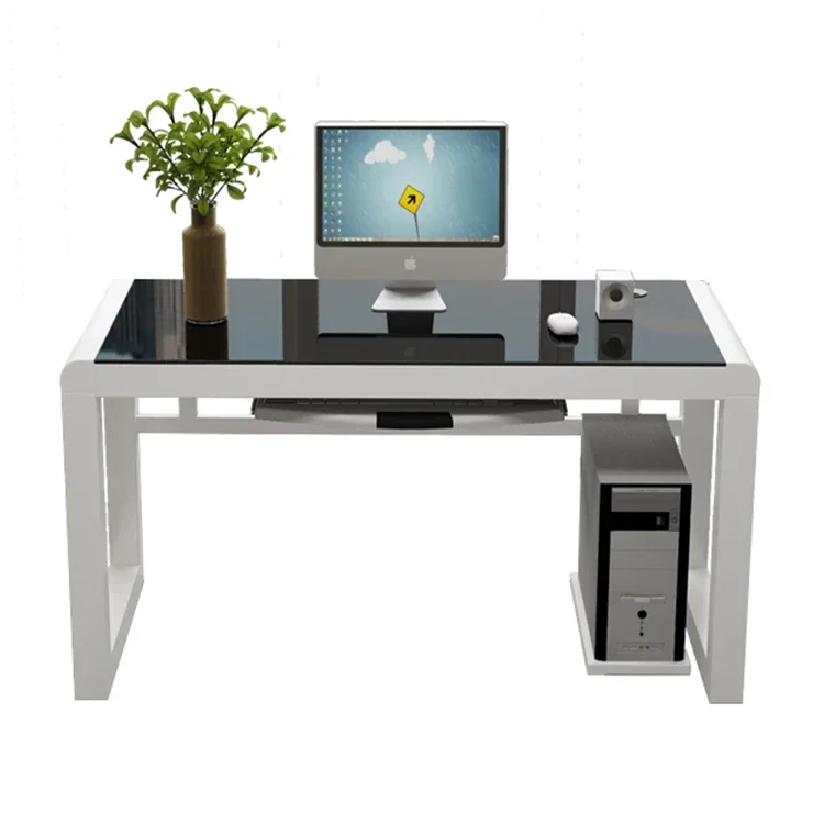 Modern Cheap home office Studying Working Computer table tempered glass computer desk with keyboard tray