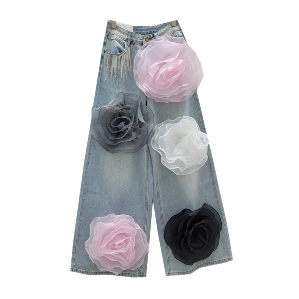 Jeans a vita alta per donna pantaloni a gamba larga a gamba dritta pantaloni donna moda fiore tridimensionale multicolore