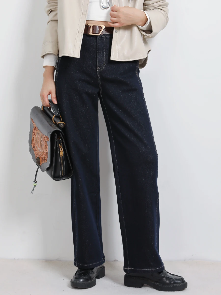 

Warm Fce Lined Straight Leg Jeans Loose Comfortable Casual Women's Blue Denim Pants Winter Thiened l Waist Long Tr...