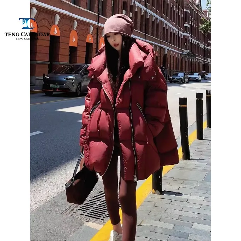 Fashionable High-end Red Down Jacket, Medium Length Loose Thick White Duck Down Jacket, 2024 Winter Women's New Style,