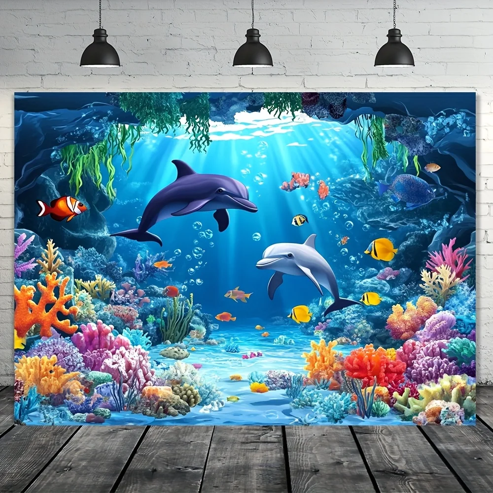 2D Flat Underwater World Tapestry Ocean Life Wall Hanging Marine Animals Coral Reef Dolphins Fish Sea Creatures Blue Water Scene