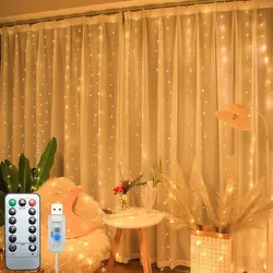 Cortina LED String Lights com controle remoto, USB Plug-in, luzes de festa, feriado, casamento, quarto, Natal, decoração do quarto, estética