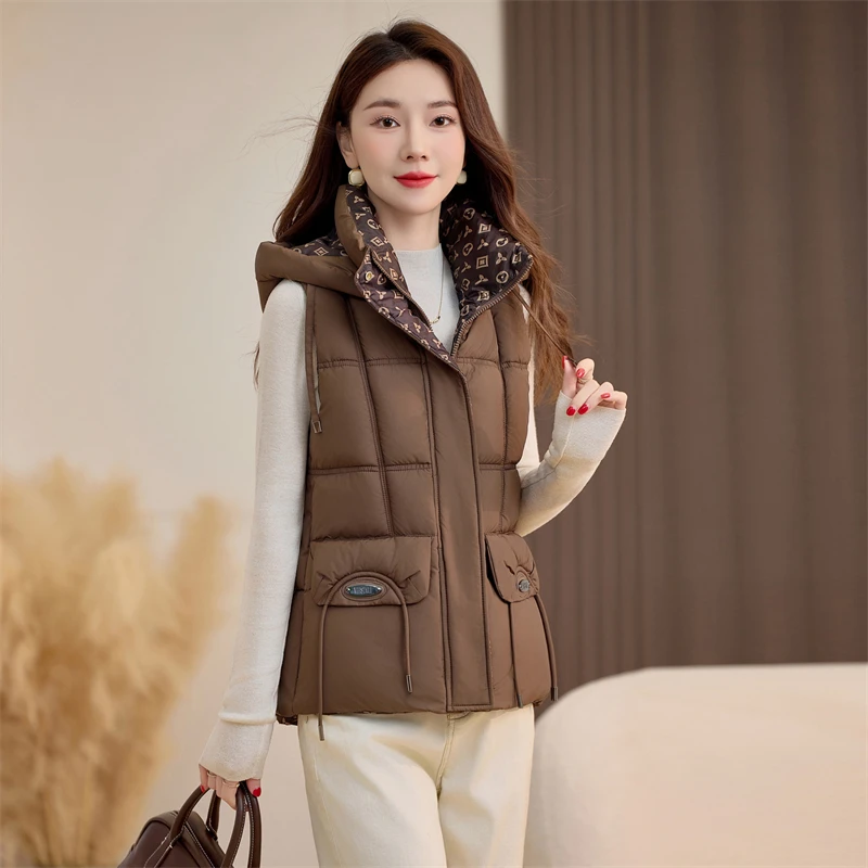 

Короткий жилет-пуховик 2024, осень-зима, новый хлопковый жилет, двойной жилет без рукавов с воротником-стойкой, толстый теплый студенческий жилет с капюшоном