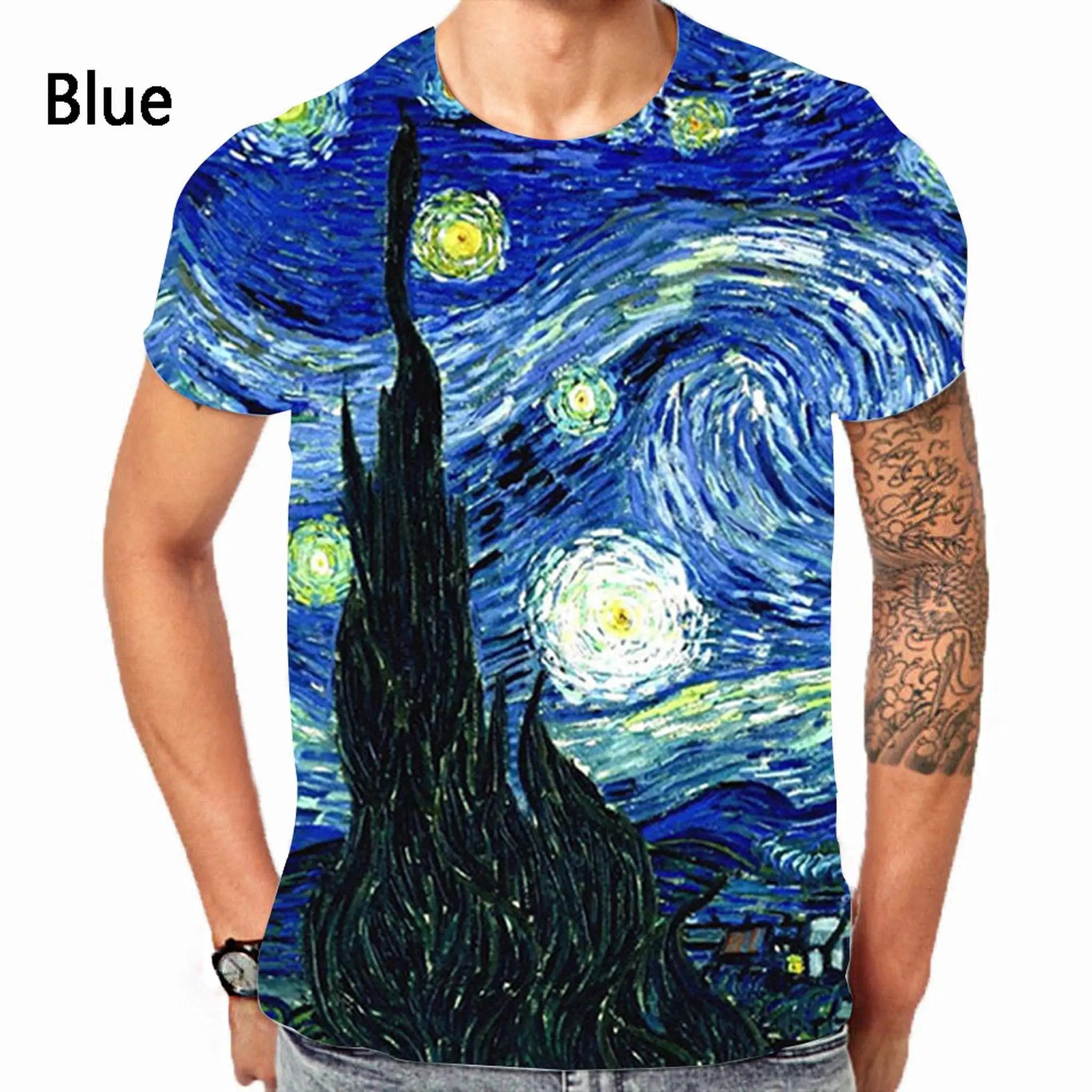 Men Floral Oil Painting Print Short Sleeve Crew Neck Casual Art T-Shirt Multiple Flower Patterns