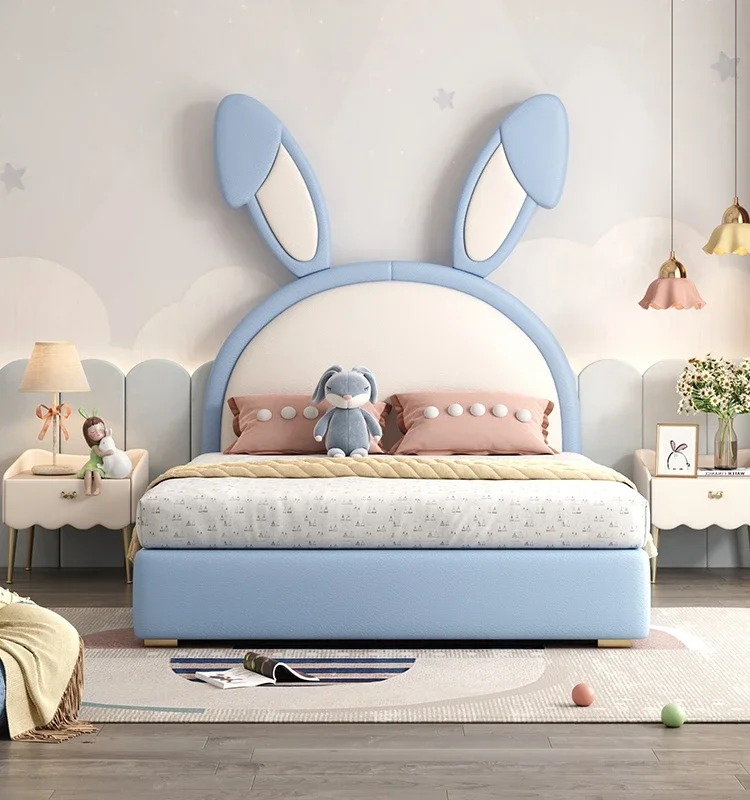 

Internet celebrity rabbit bed children's bed girl dream girl light luxury pink leather bed small apartment ins cute rabbit princ