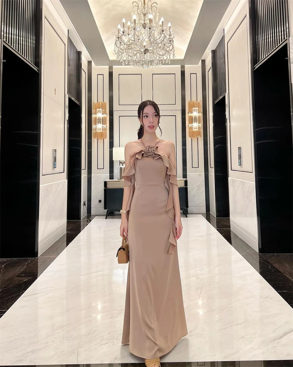 Customized Classic Jersey Halter Sleeveless Evening Dress Elegant Straight Floor Length Flowers Ruched Special Occasion Gowns