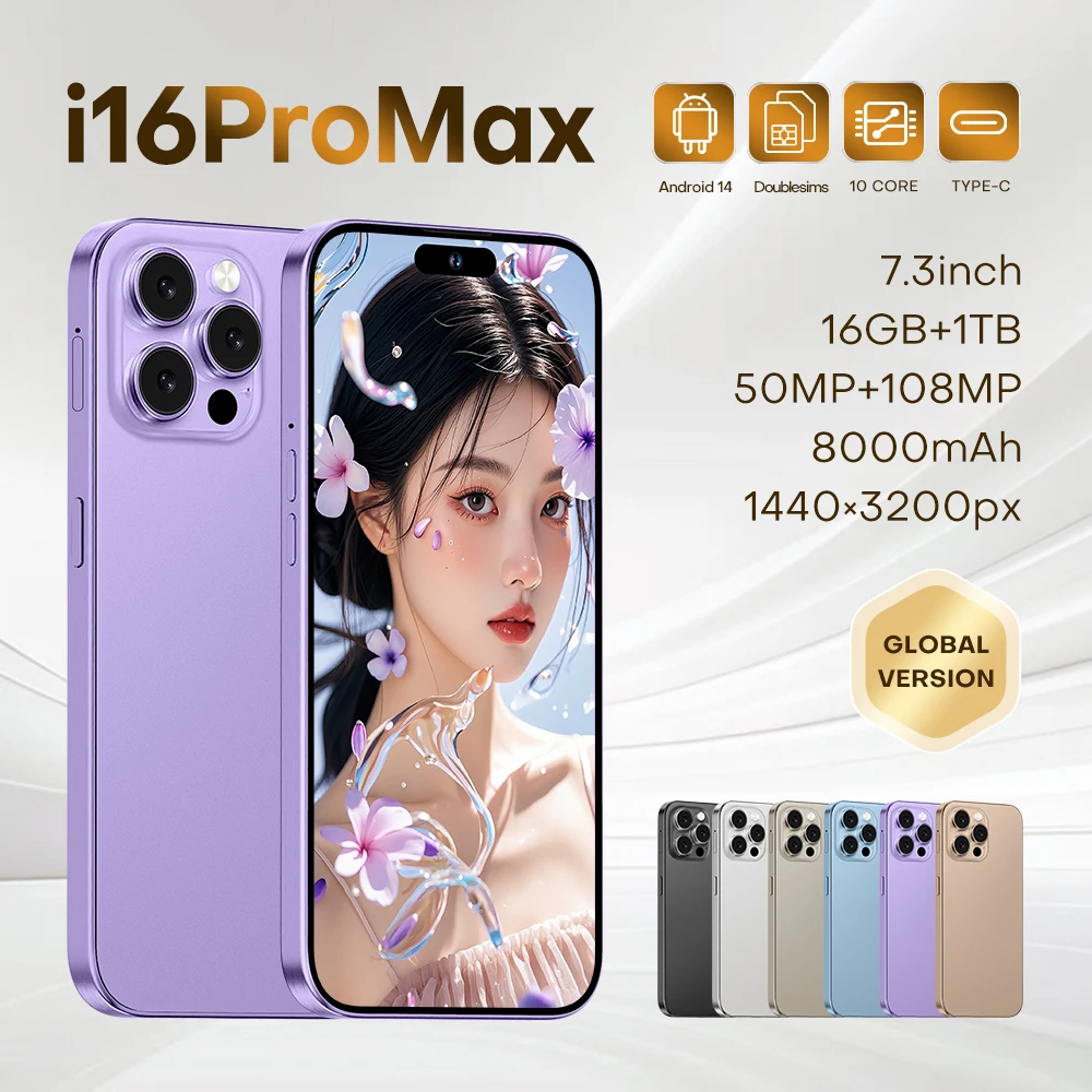 

Brand New Original 16GB+1TB For Smartphone 7.3 Inch I16 Max Full Screen 4G 5G Cell Phone 8000mAh Mobile Phones Global Version