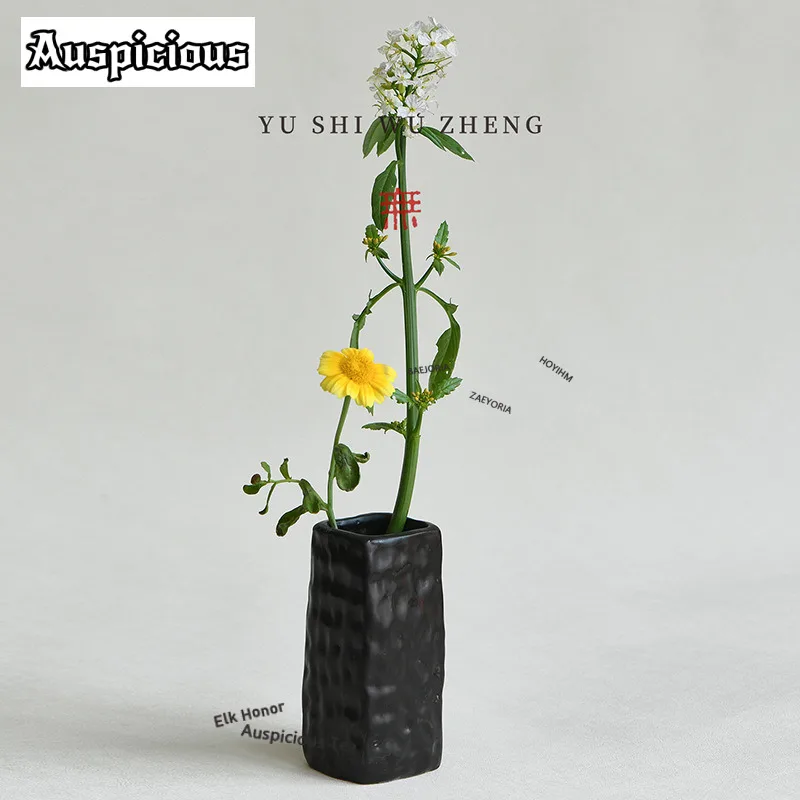 ZAEYORIA Wabi-sabi Black Decorative Vase Ornaments Zen Hydroponic Flower Arrangement Brush-marked Stoneware Square Flower Vessel