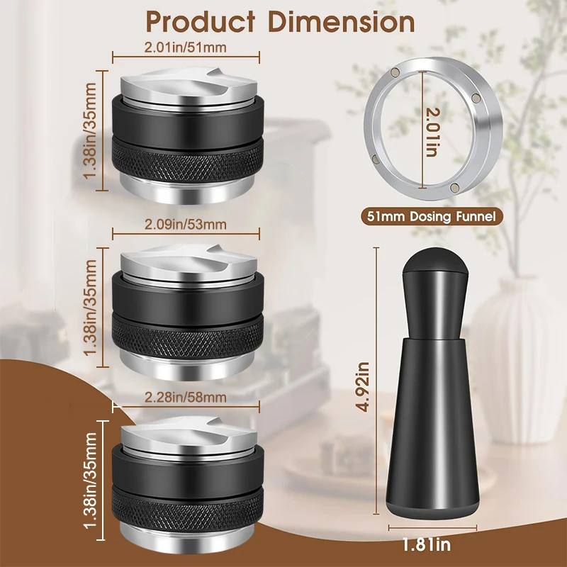 Conjunto de 5 peças de ferramentas WDT e funil dosador, compatível com kit de acessórios para café expresso de 51/53/58 mm, distribuidor de café e nivelador de tamper.