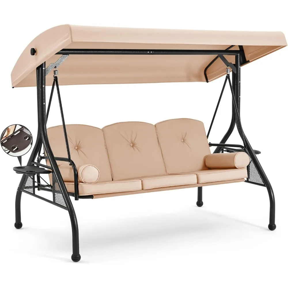 3 Seat Outdoor Porch Swing with Adjustable Canopy, Convertible Patio Swing Bed with Stand, Glider Swing for Relaxation