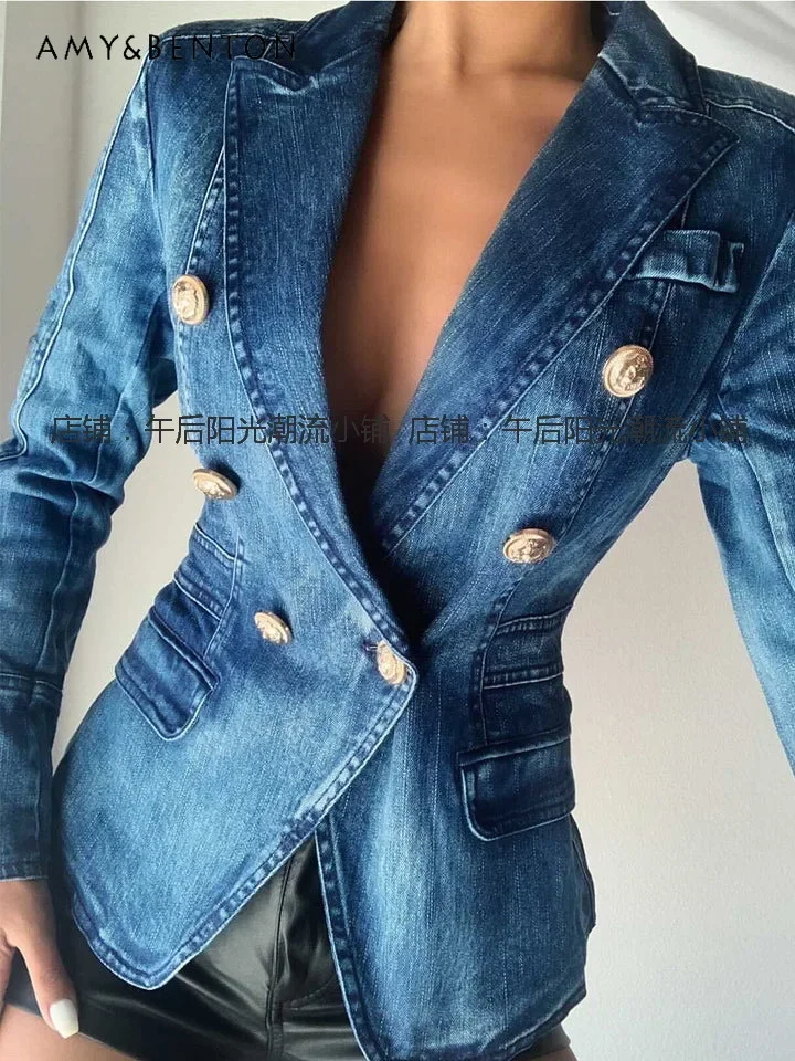 European Goods Vintage Double Breasted Wash Denim Jacket Women Winter New Fashion OL Tailored Collar Casual Slim Fit Jackets