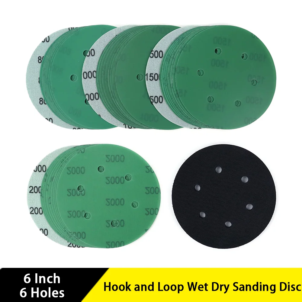 

6 Inch 6 Holes Hook and Loop Wet Dry Sanding Discs Sanding Paper with Interface Pad for Metal Glass Auto Painting Finishing