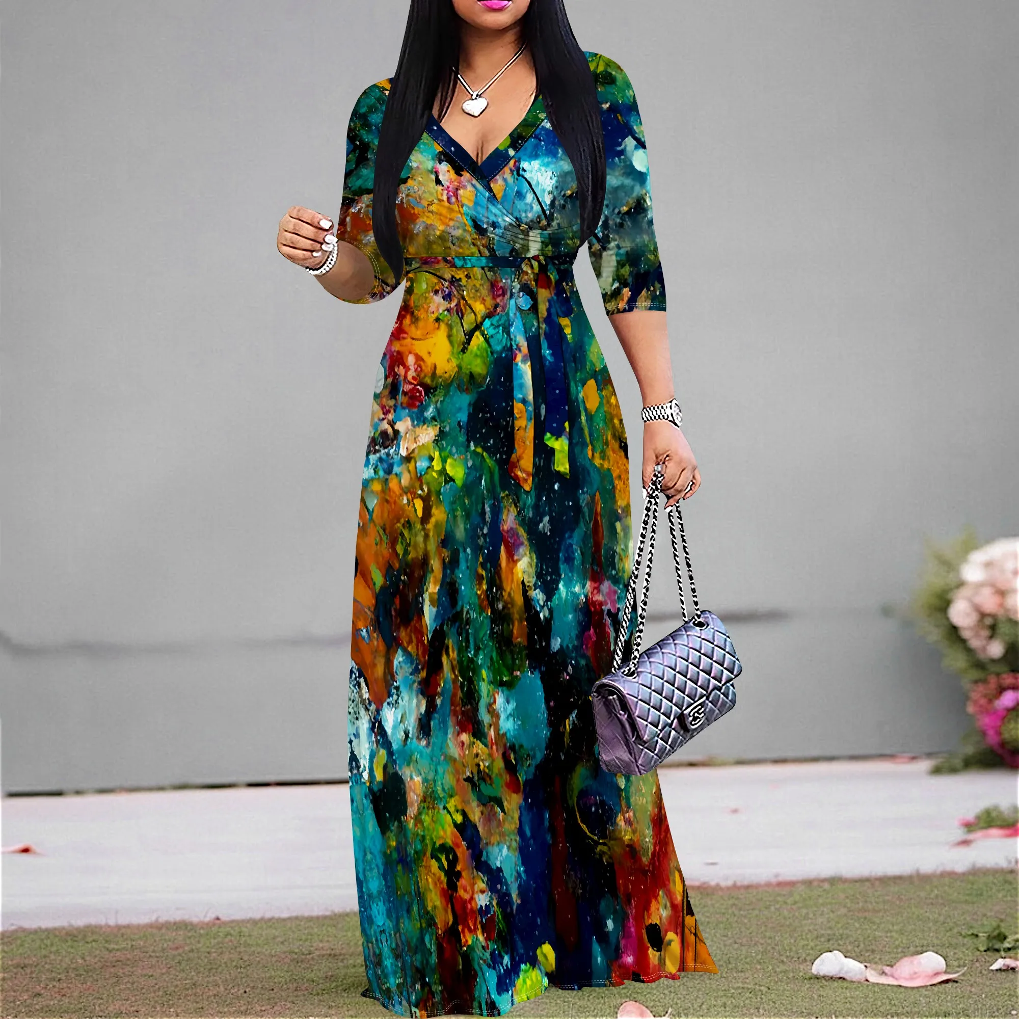 

Abstract Paint Print Maxi Dress S‑3XL V‑Neck Wrap Style with Tie Waist & 3/4 Sleeves for Art Show, Elegant Dinner or Museum Look