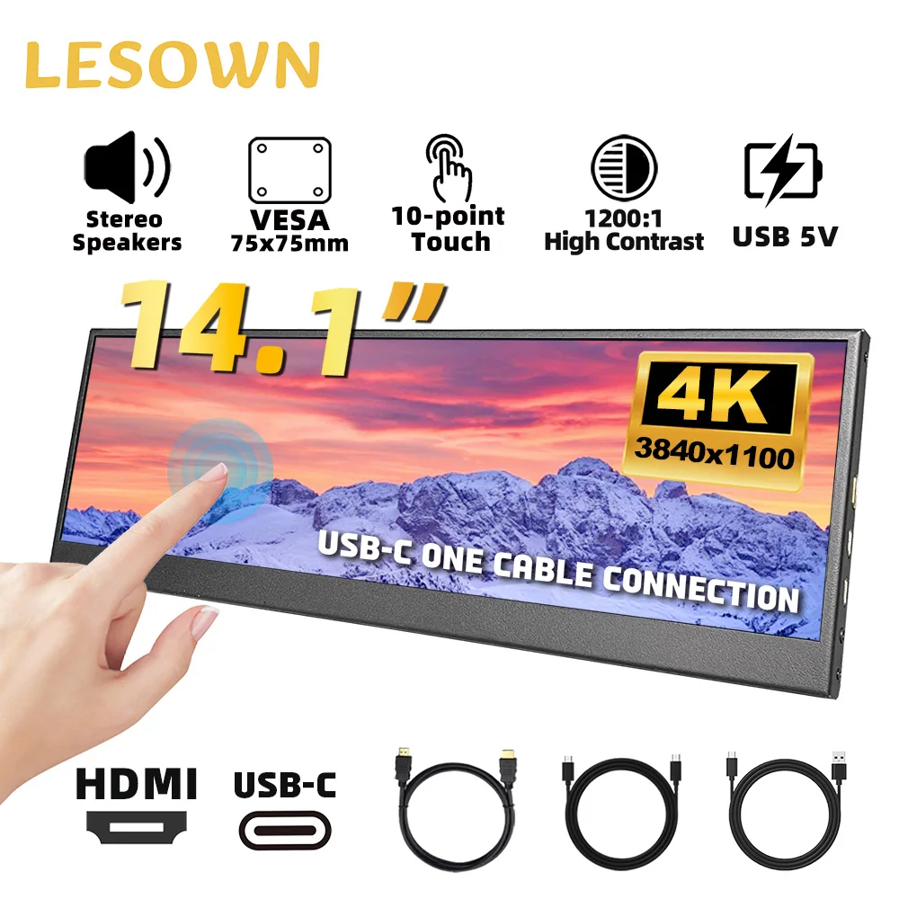 LESOWN Touchscreen Strip Monitor 14.1 Inch 1920x550 100% sRGB IPS HDMI Type C Stretched Bar Display for Laptop Raspberry Pi