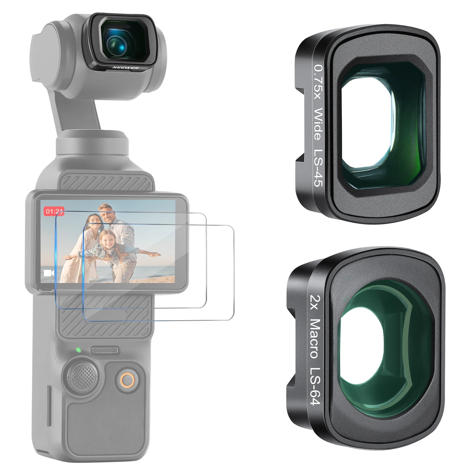 NEEWER 0,75X Sudut Lebar & 2X Set Lensa Makro Kompatibel dengan Aksesori Kombo Pencipta DJI Osmo Pocket 3, 108 °   FOV