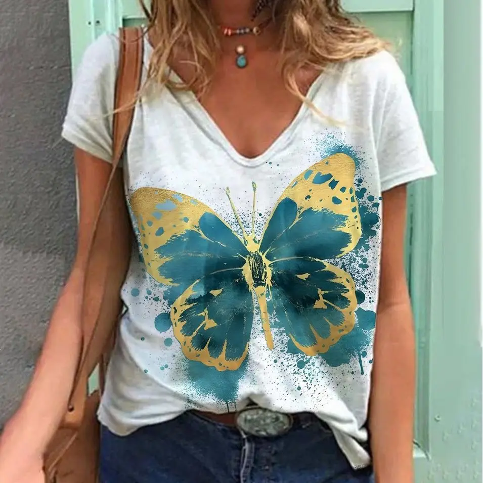 Tie dye printing T-Shirt For Women Casual Style Short Sleeve Tees Summer V Neck Fashion Pullover Female Loose Tops