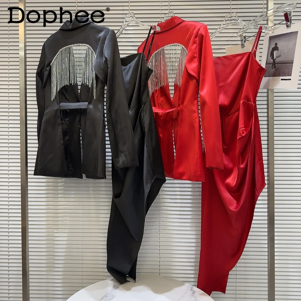 

Shiny Tassel Drill Chain Backless Suit Jacket Women 2024 Spring New Socialite Sleeveless Off-Neck Sling Dress Suits Female