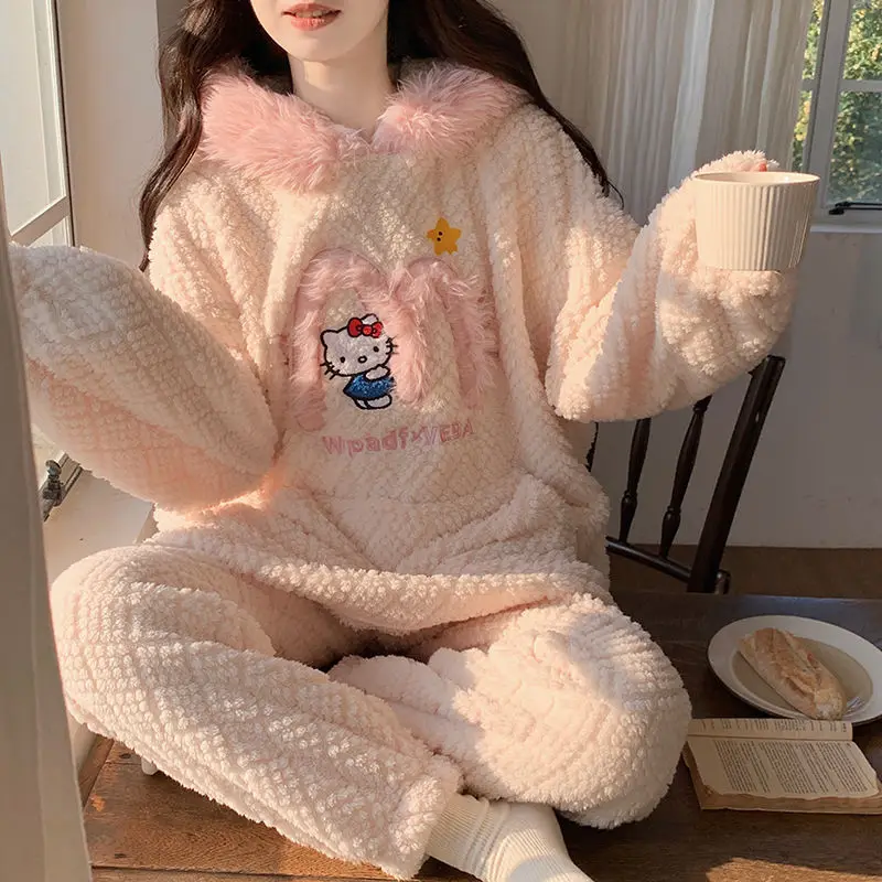 

Coral Velvet Anime Cartoon Girls Winter Plus Velvet Thickened Large Size Flannel Pajamas Pajamas Home Clothes Two-piece Set Cozy